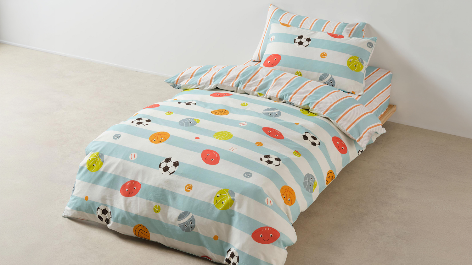 A view of a sports-themed duvet cover set for kids