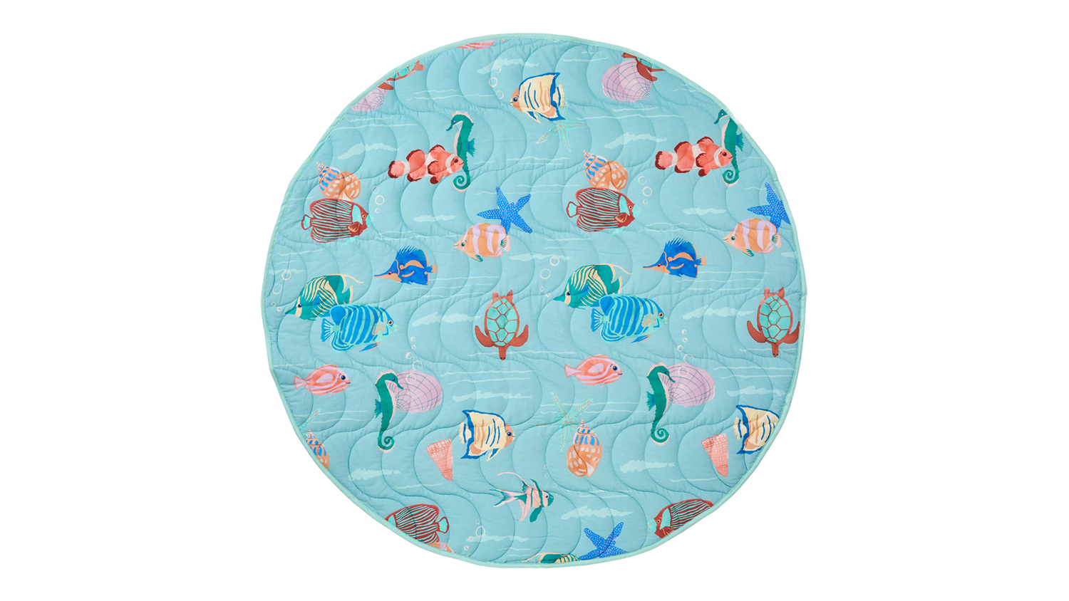 A view of an underwater-themed round playmat for kids