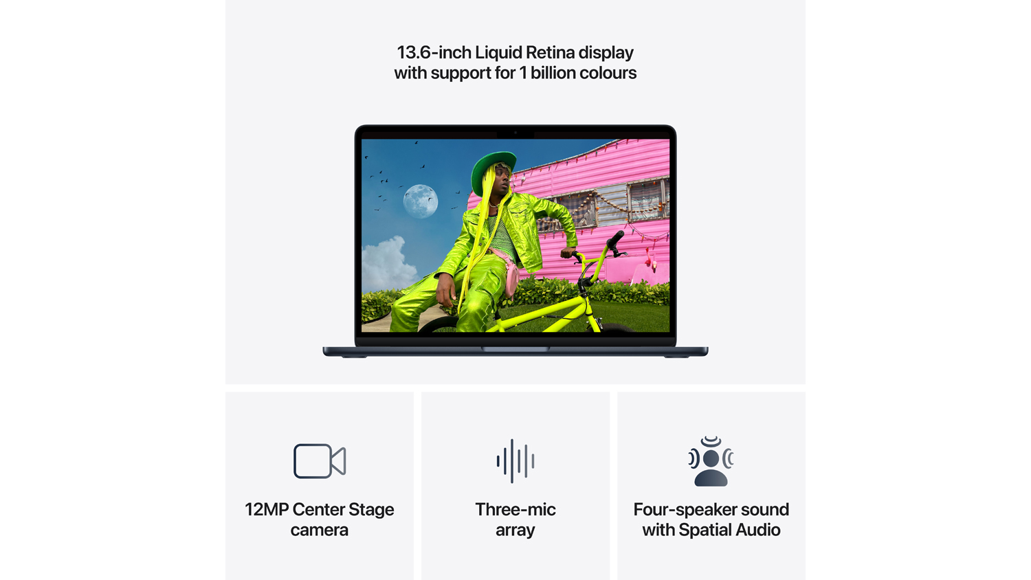 Summary of MacBook Air specs: 13.6-inch Liquid Retina display, 12MP camera, three-mic array, and four-speaker spatial audio