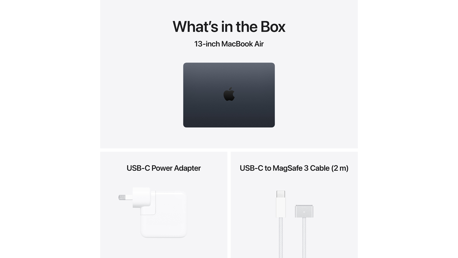 What’s in the Box showing the MacBook Air, USB-C power adapter, and 2m MagSafe 3 cable