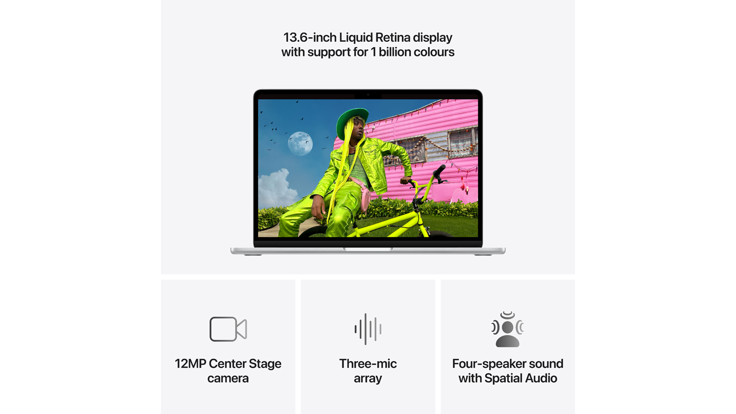 Summary of MacBook Air specs: 13.6-inch Liquid Retina display, 12MP camera, three-mic array, and four-speaker spatial audio