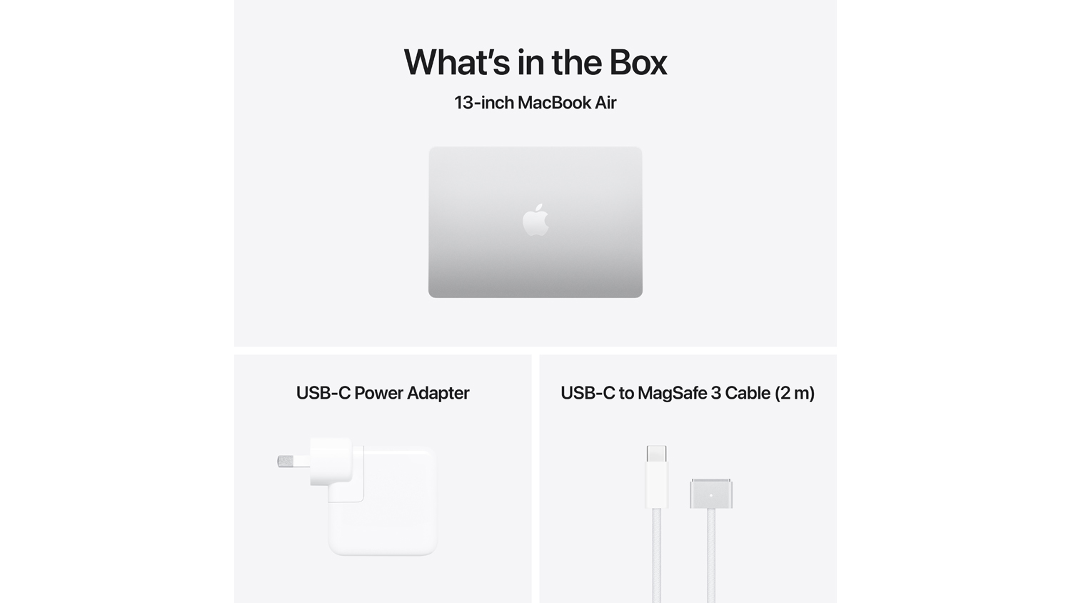 What’s in the Box showing the MacBook Air, USB-C power adapter, and 2m MagSafe 3 cable
