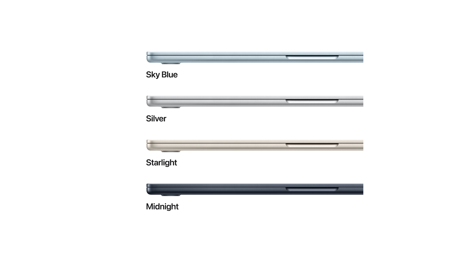Side profiles of the MacBook Air in four colours: Silver, Starlight, Midnight, and Sky Blue