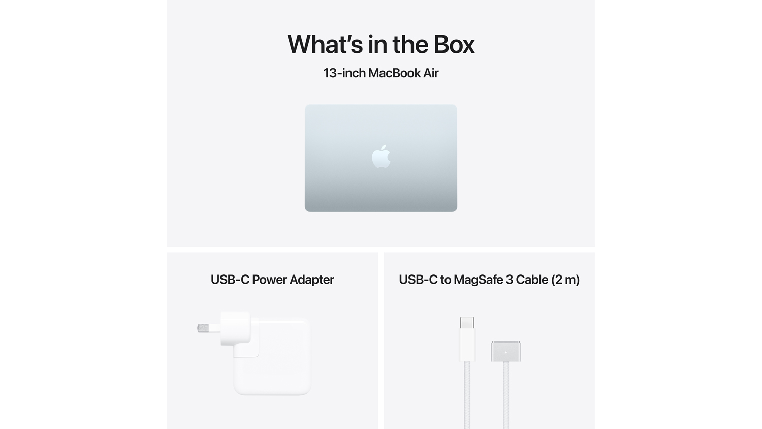 What’s in the Box showing the MacBook Air, USB-C power adapter, and 2m MagSafe 3 cable