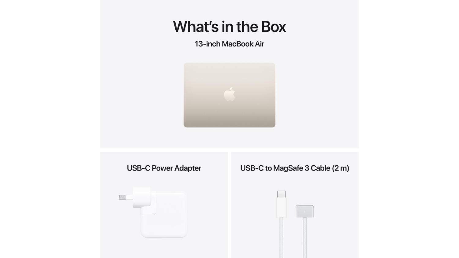 What’s in the Box showing the MacBook Air, USB-C power adapter, and 2m MagSafe 3 cable