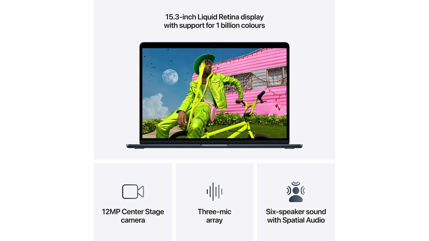 MacBook Air 15-inch screen displaying vivid colours, with feature icons shown