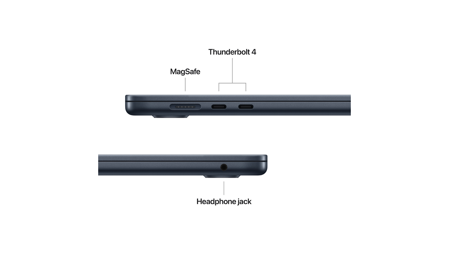 Close-up of the laptop’s side ports, labelled MagSafe, two Thunderbolt 4 ports, and a 3.5mm headphone jack