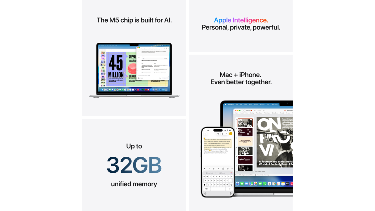 Feature collage showing MacBook Air running multiple apps and Apple Intelligence messaging