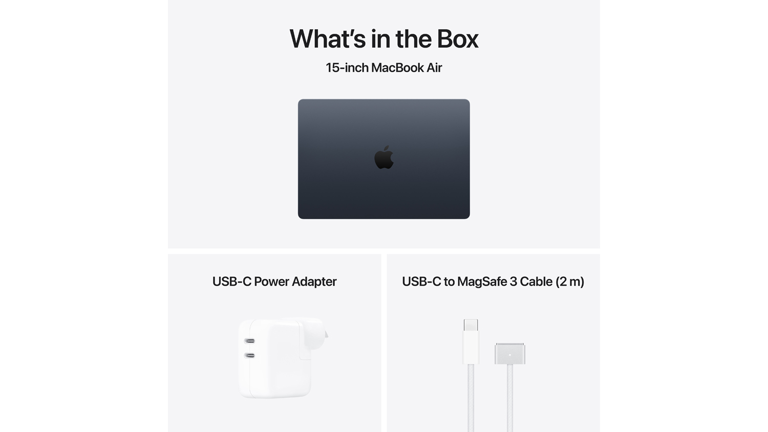 “What's in the Box” graphic showing the 15-inch MacBook Air, a USB‑C power adapter, and a USB‑C to MagSafe 3 cable