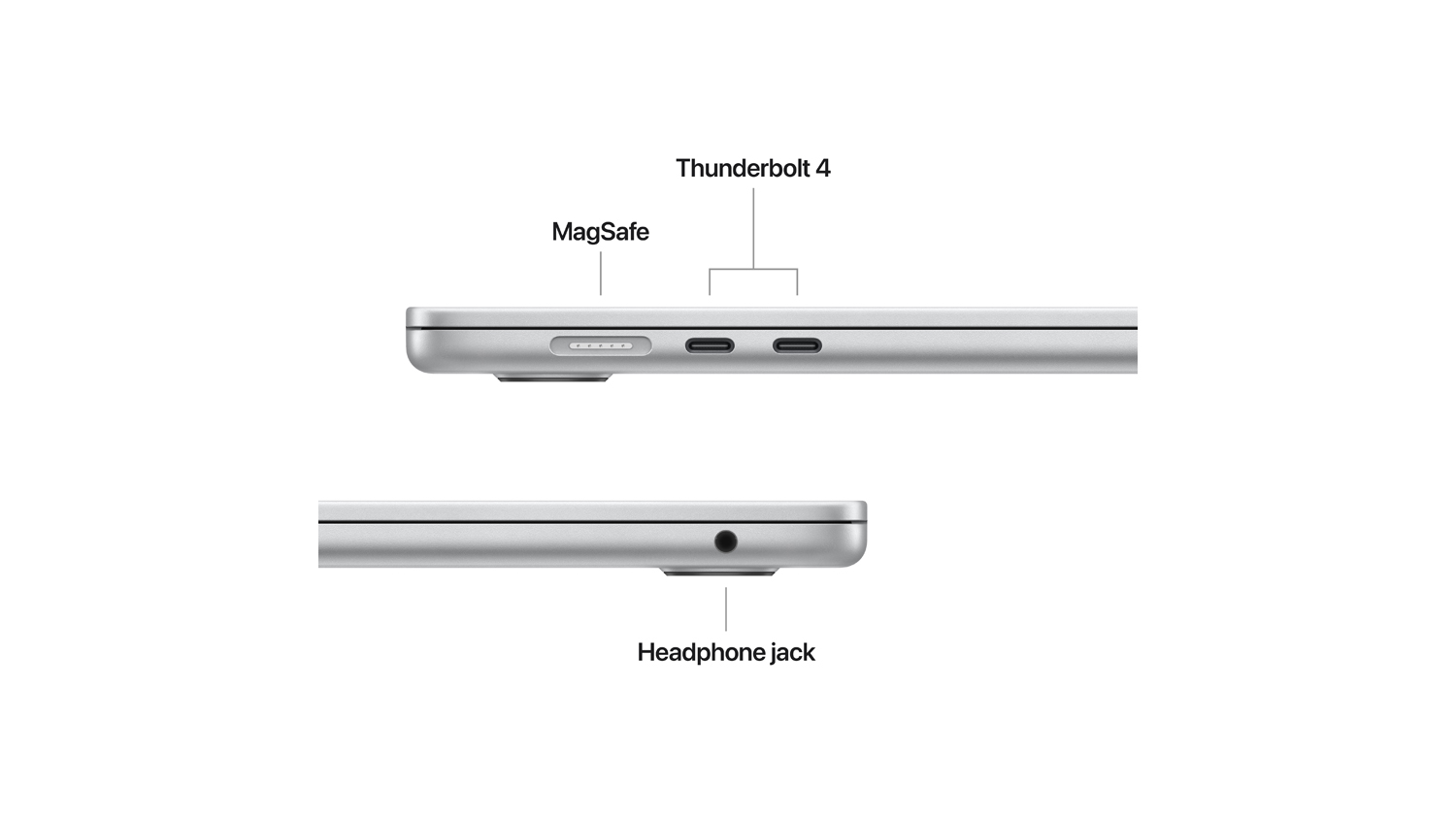 Close-up of the laptop’s side ports, labelled MagSafe, two Thunderbolt 4 ports, and a 3.5mm headphone jack