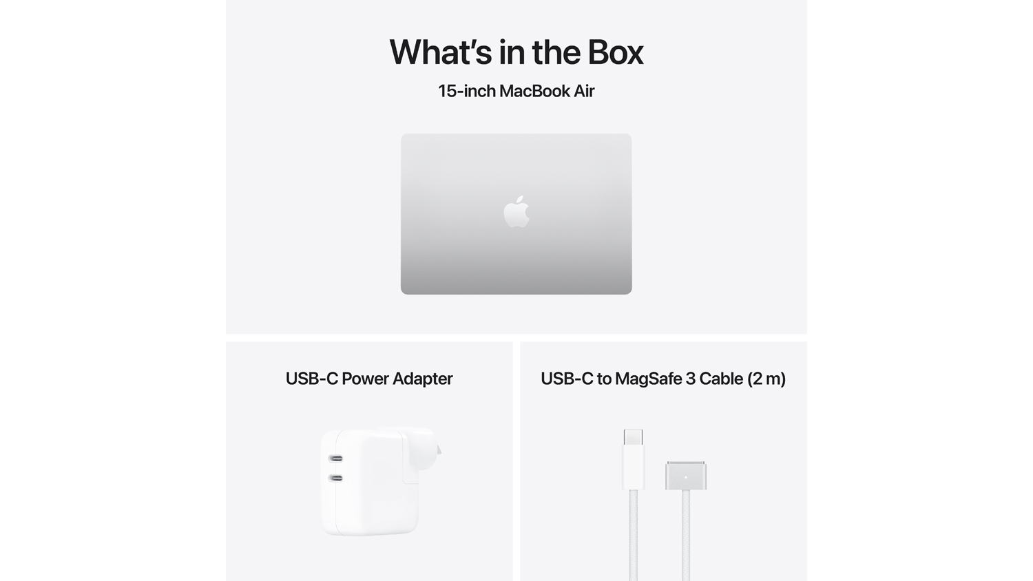 “What's in the Box” graphic showing the 15-inch MacBook Air, a USB‑C power adapter, and a USB‑C to MagSafe 3 cable