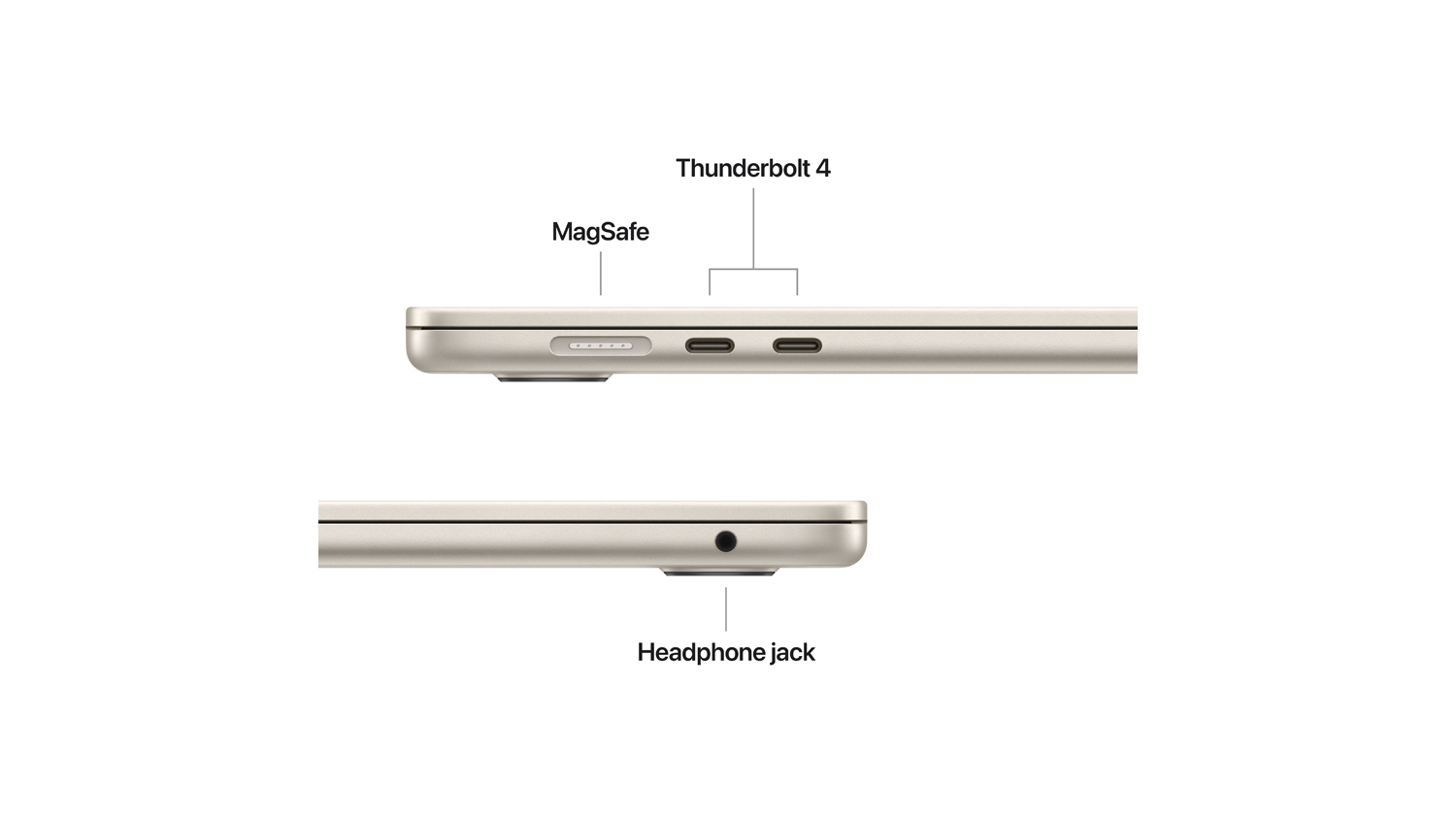 Close-up of the laptop’s side ports, labelled MagSafe, two Thunderbolt 4 ports, and a 3.5mm headphone jack