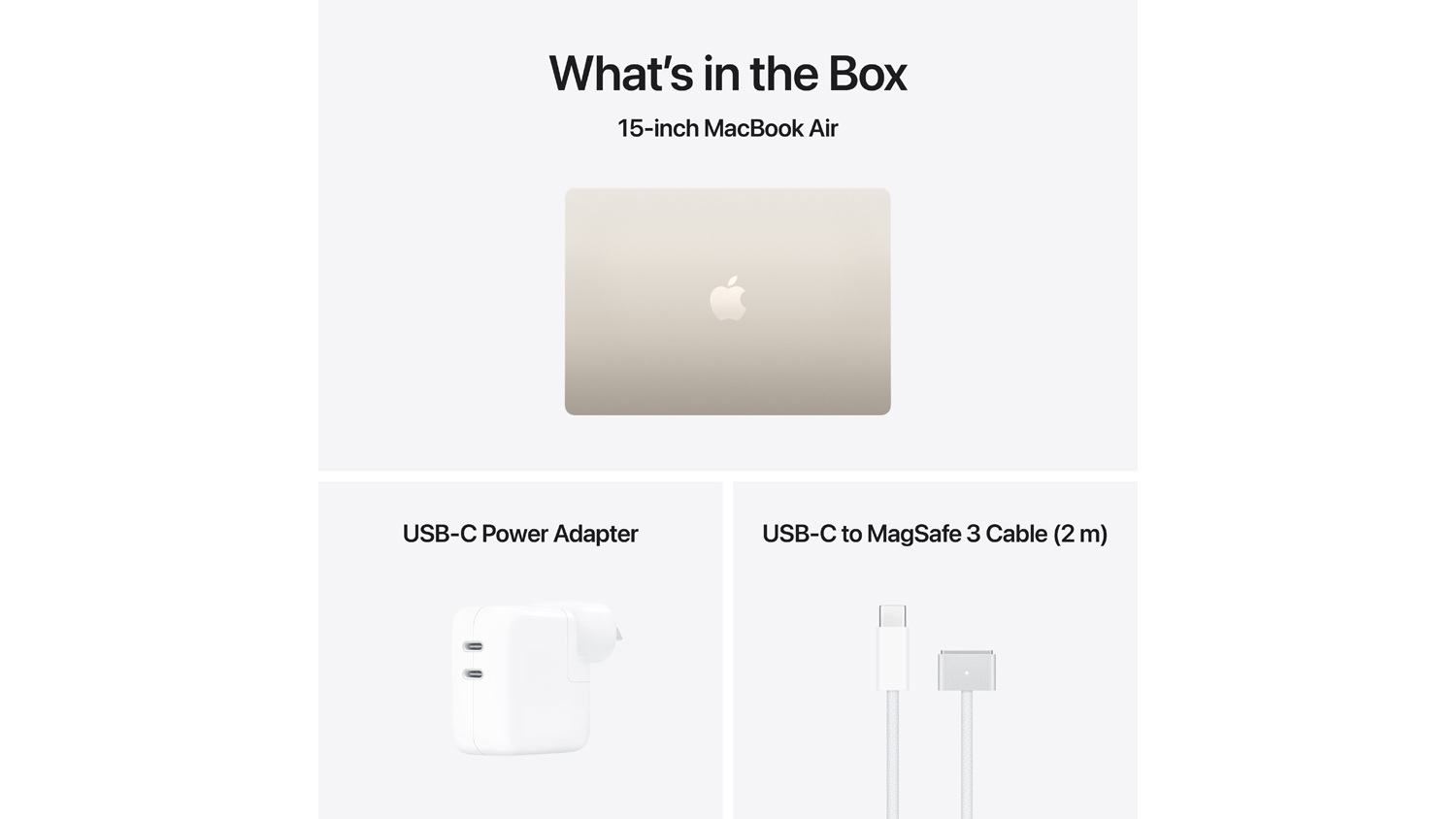 “What's in the Box” graphic showing the 15-inch MacBook Air, a USB‑C power adapter, and a USB‑C to MagSafe 3 cable