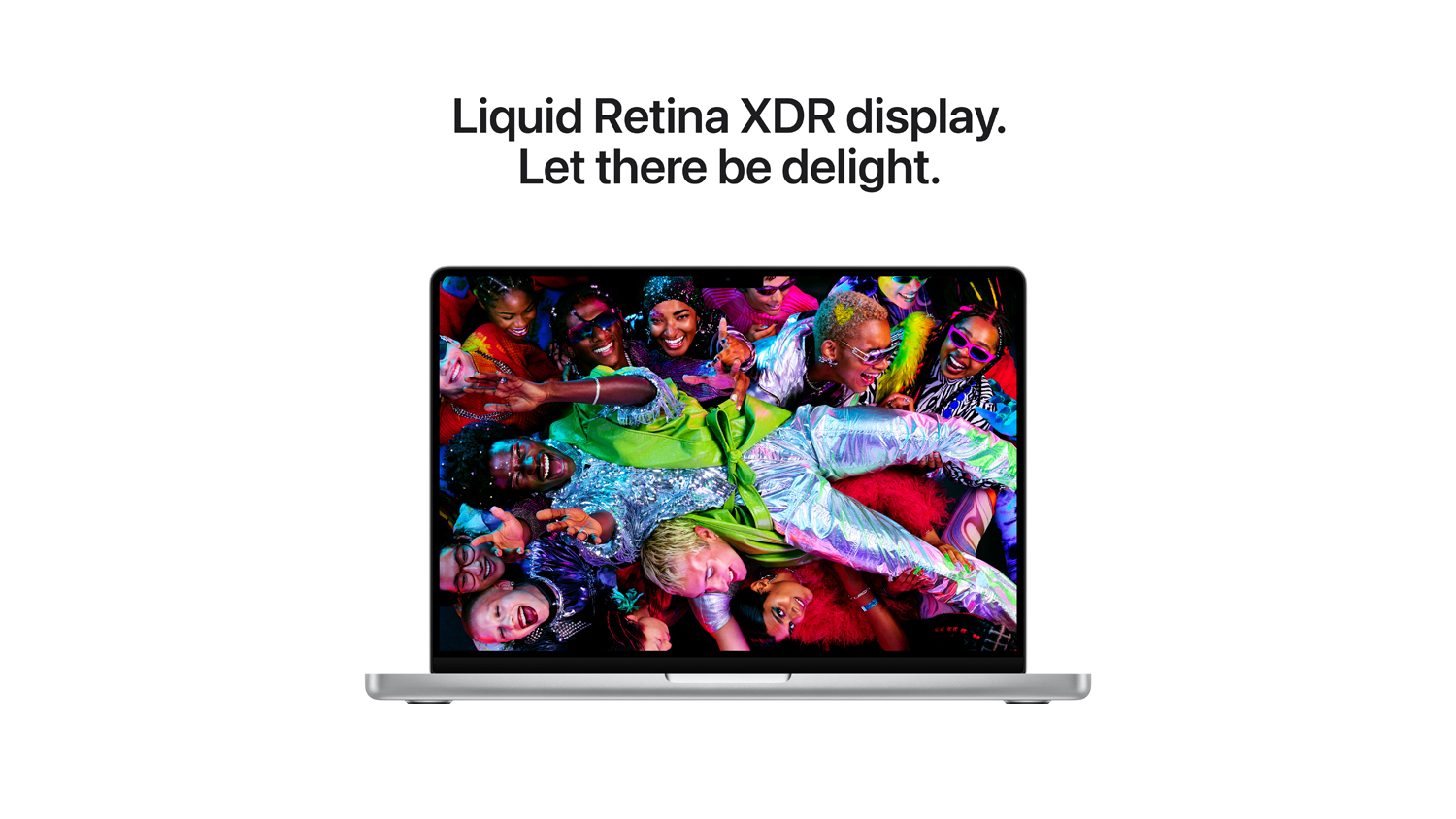 MacBook Pro display showcasing a vivid, colourful scene with the text Liquid Retina XDR display