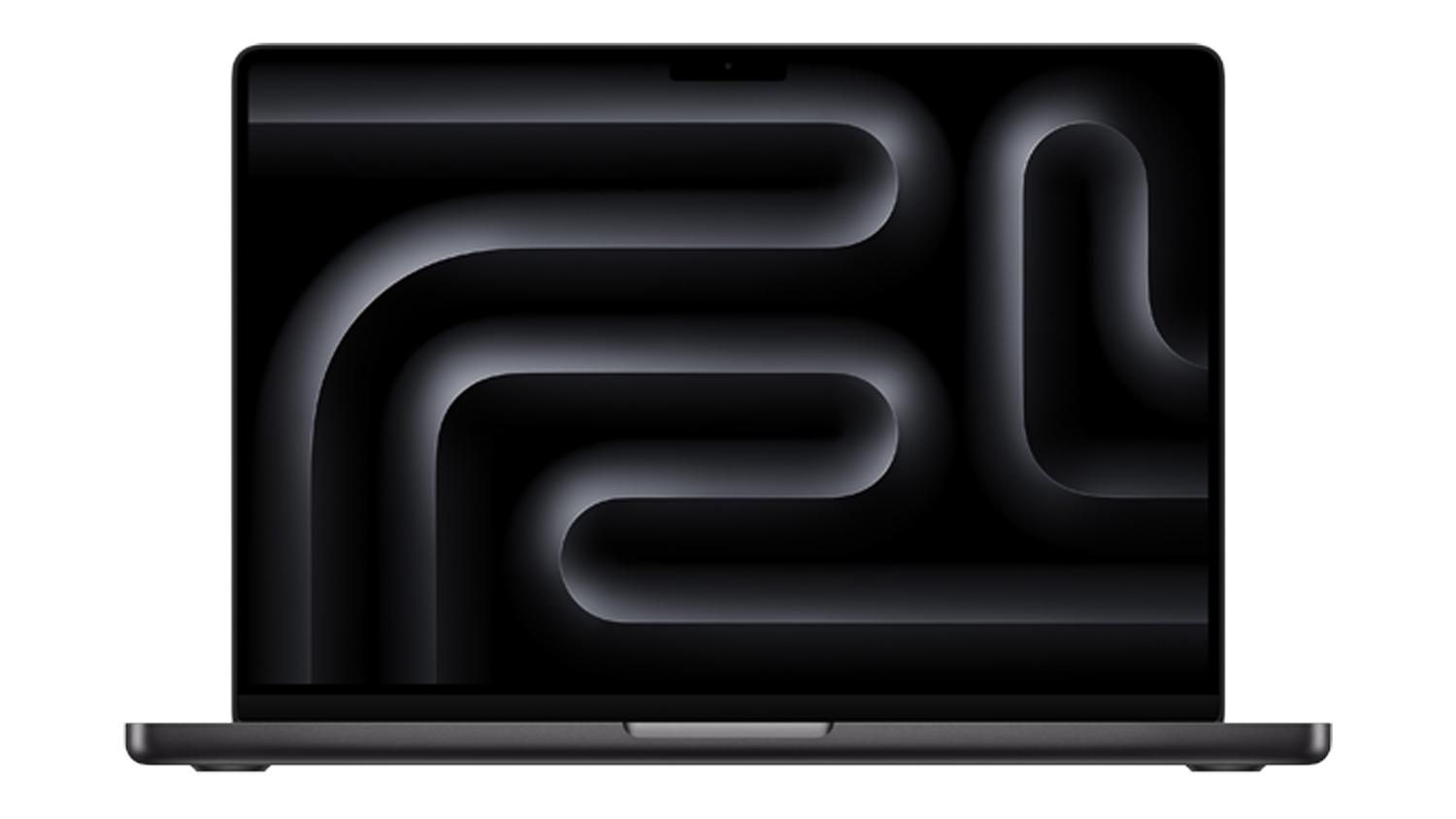 Front view of a 14‑inch MacBook Pro in space black with the display showing a dark abstract curved pattern