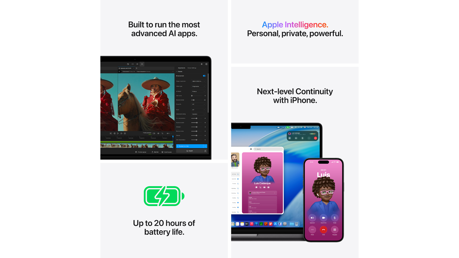 Graphic highlighting features: Apple Intelligence and up to 20 hours of battery life