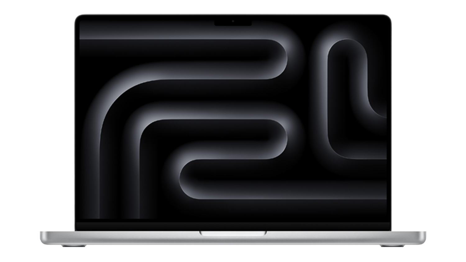 Front view of a 14‑inch MacBook Pro in silver with the display showing a dark abstract curved pattern