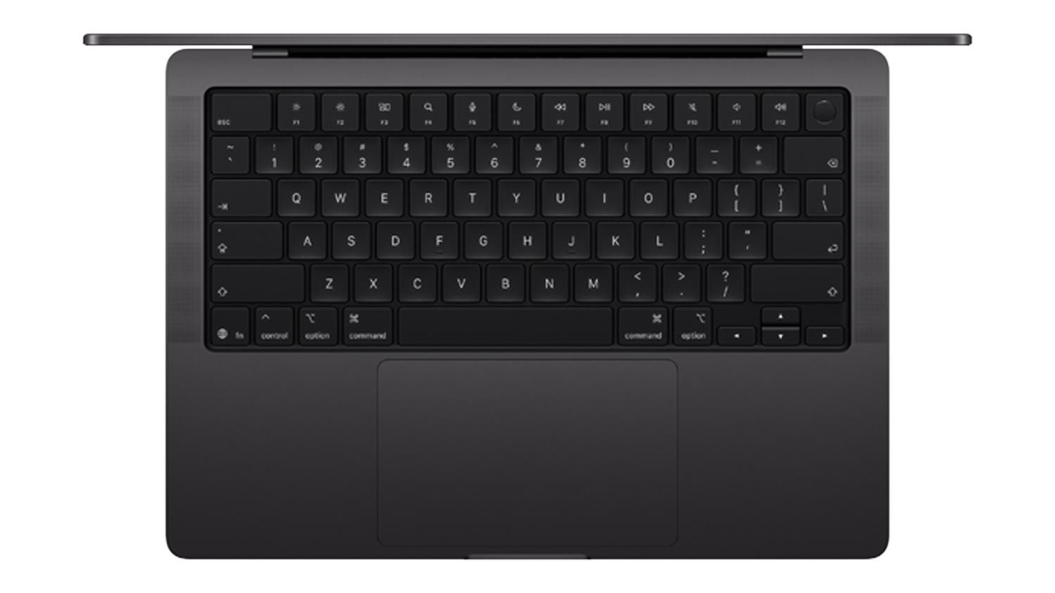 Top‑down view of the MacBook Pro keyboard and large trackpad, highlighting the keys and space black body