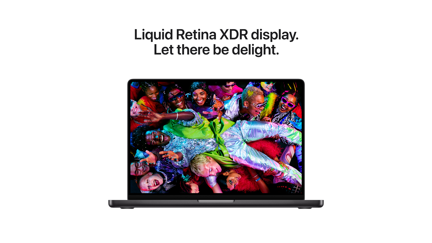 MacBook Pro display showcasing a vivid, colourful scene with the text Liquid Retina XDR display