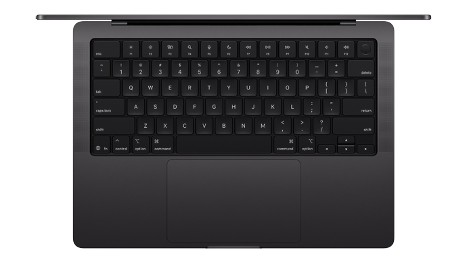 Top‑down view of the MacBook Pro keyboard and large trackpad, highlighting the keys and space black body