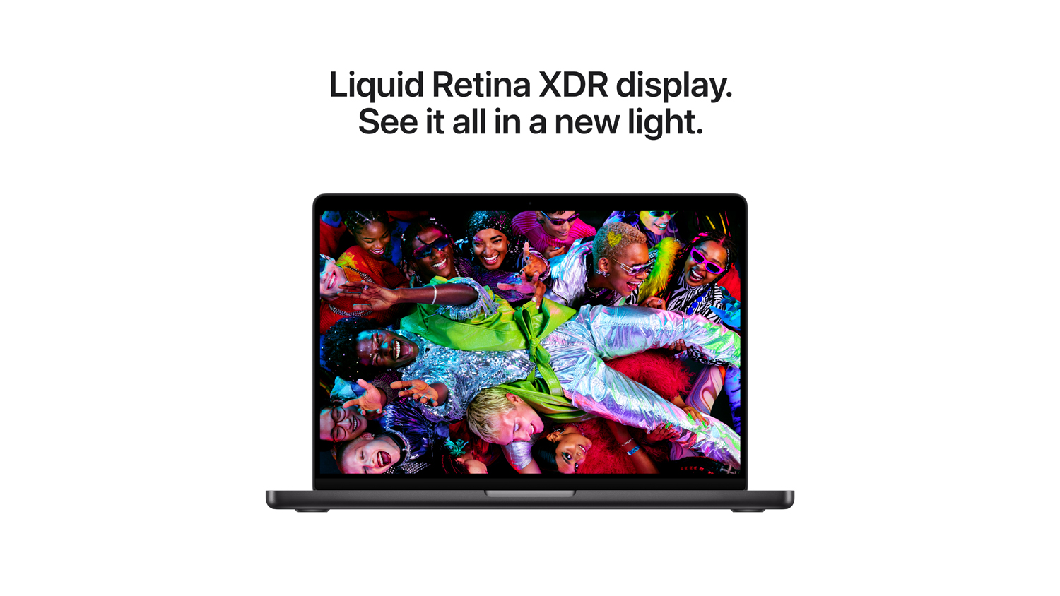 MacBook Pro display showcasing a vivid, colourful scene with the text Liquid Retina XDR display