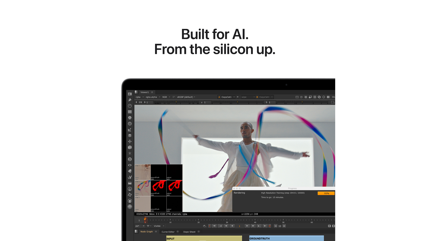 Apple MacBook Pro 16" M5 screen showing video editing with "Built for AI" text above