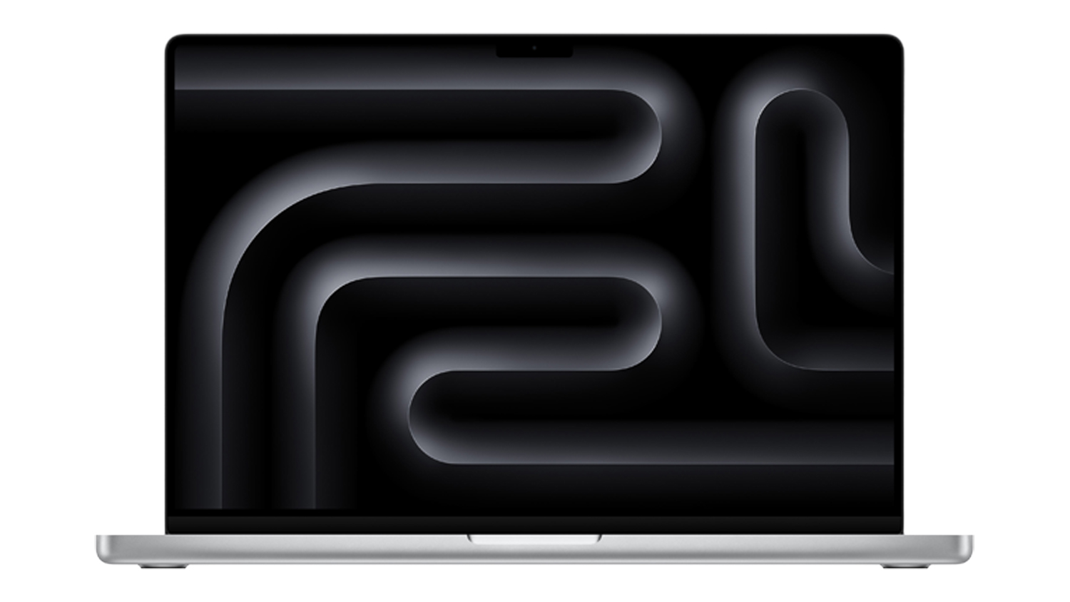 A silver 16” MacBook Pro open on a desk, displaying a wallpaper on the Liquid Retina screen