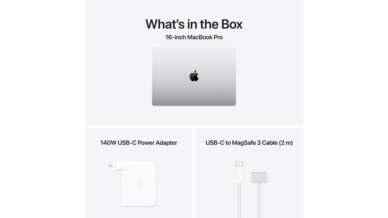 “What's in the Box” graphic showing the 16-inch MacBook Pro, a USB‑C power adapter, and a USB‑C to MagSafe 3 cable