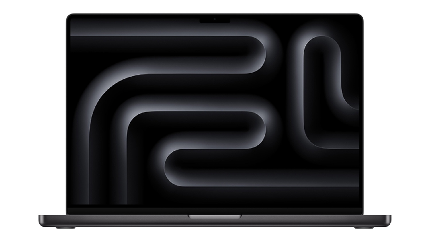 A space black 16” MacBook Pro open on a desk, displaying a wallpaper on the Liquid Retina screen