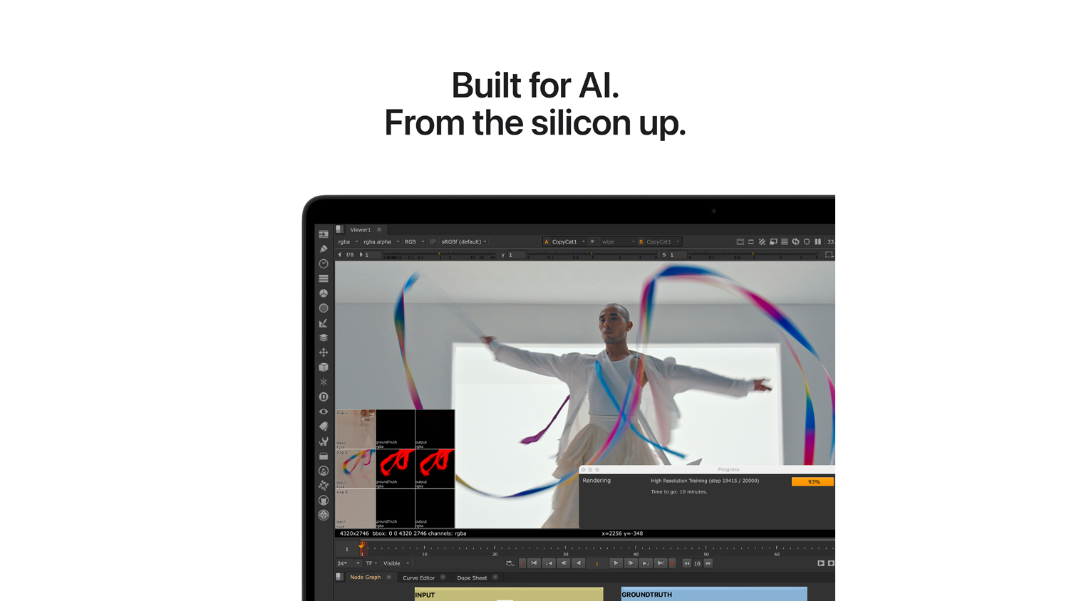 Apple MacBook Pro 16" M5 screen showing video editing with "Built for AI" text above