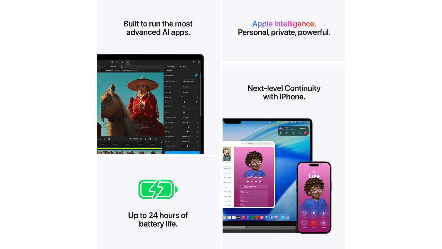 A collage of features, including AI apps, Apple Intelligence, and battery life