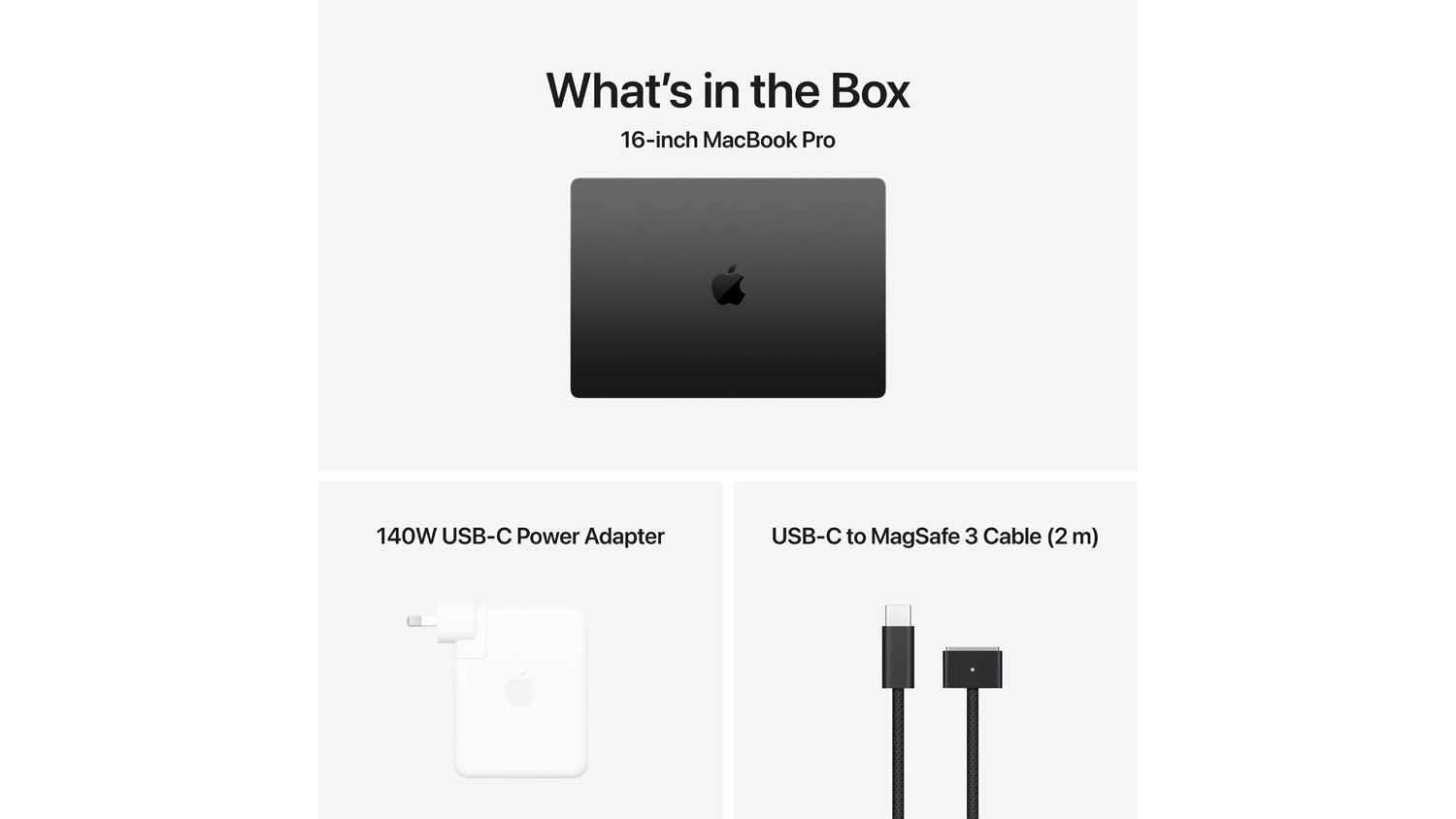 “What's in the Box” graphic showing the 16-inch MacBook Pro, a USB‑C power adapter, and a USB‑C to MagSafe 3 cable