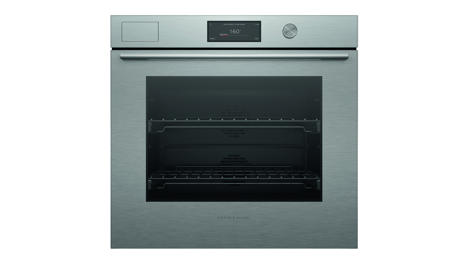 Front view of the Fisher & Paykel Series 11 76cm built‑in smart steam oven in brushed silver finish