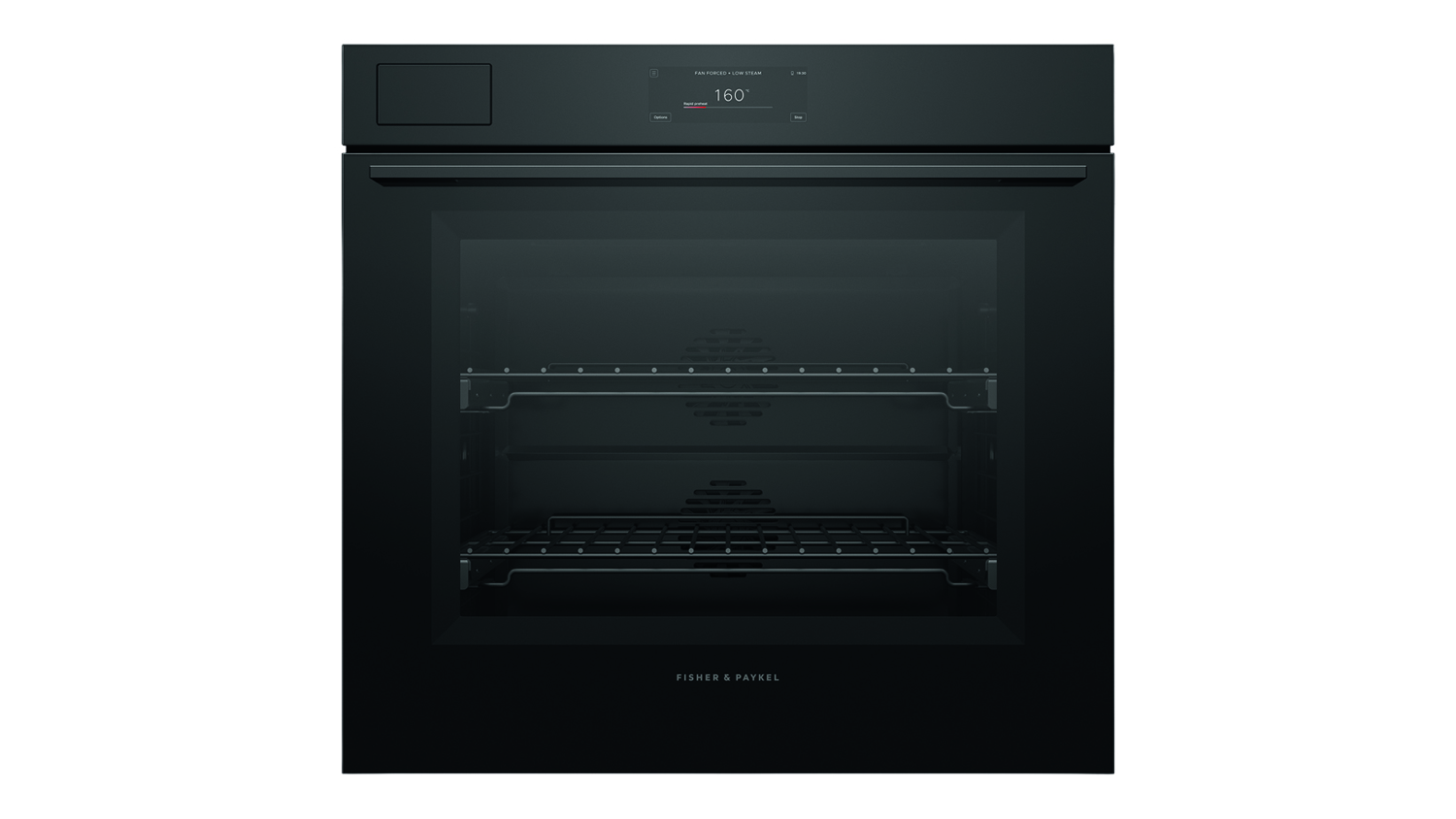 Front view of the Fisher & Paykel Series 11 76cm built‑in smart steam oven in black glass finish