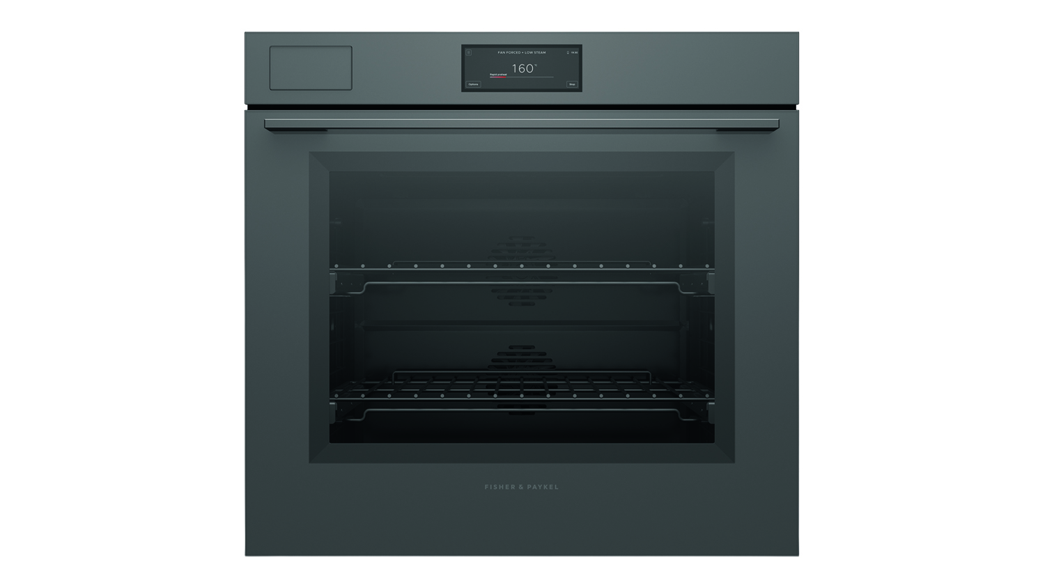 Front view of the Fisher & Paykel Series 11 76cm built‑in smart steam oven in grey glass finish
