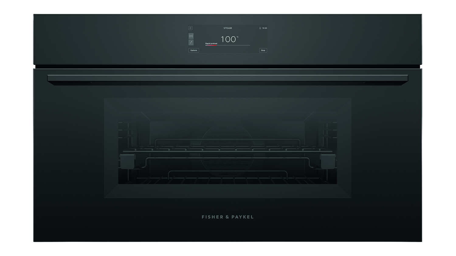 Front view of the Fisher & Paykel Series 9 76cm compact smart steam oven in black glass finish