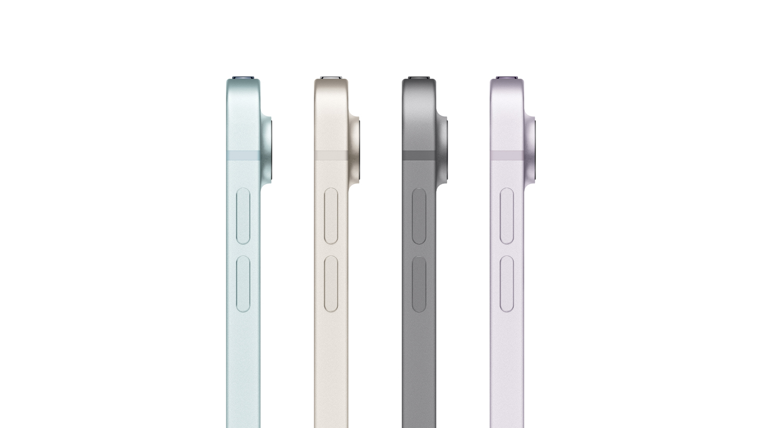 Side profiles of the iPad Air in four colours, showing the thin frame, camera bump, and volume buttons