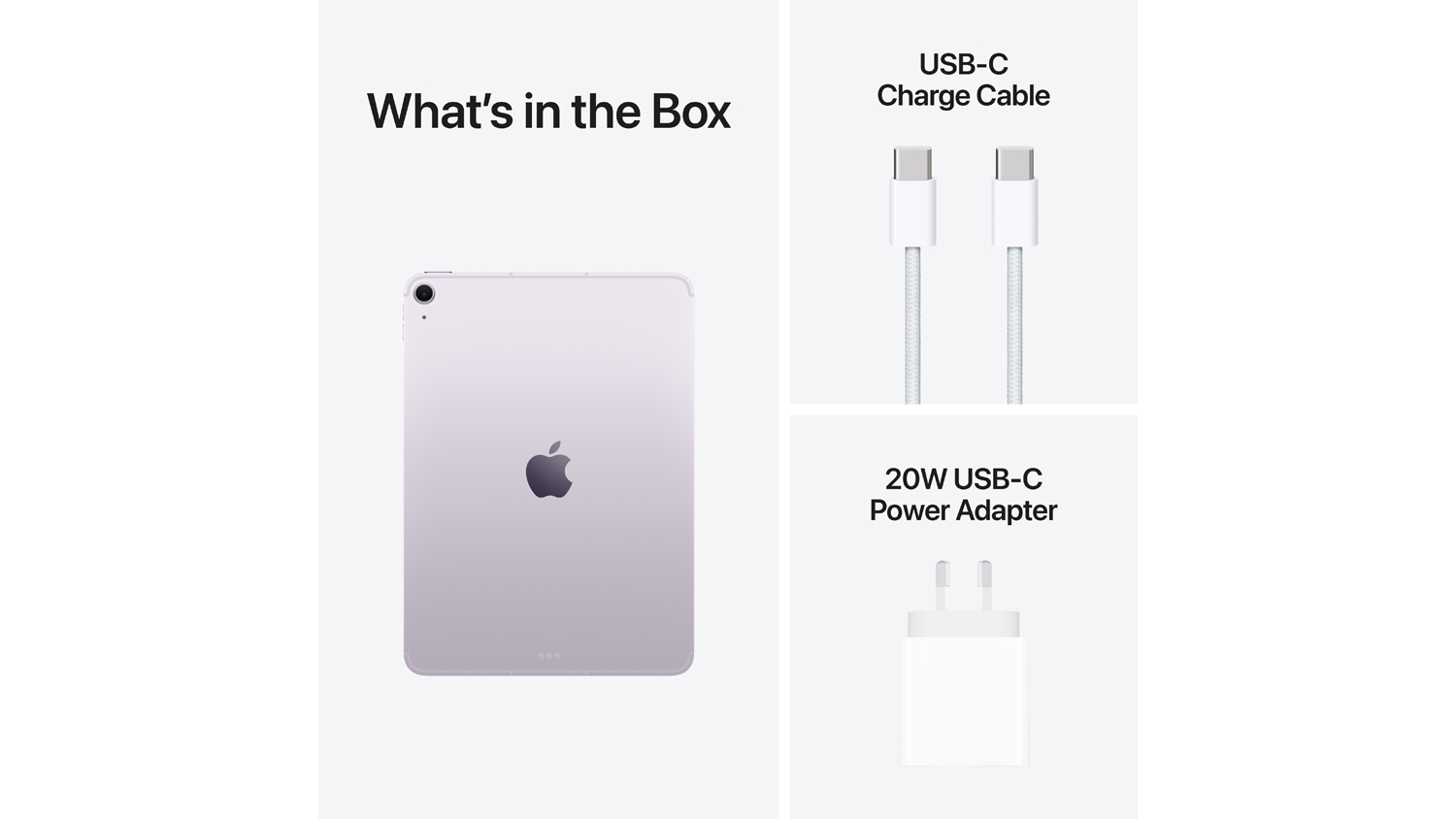 What’s in the box layout showing the back of the iPad Air, a USB‑C charge cable, and a 20W USB‑C power adapter