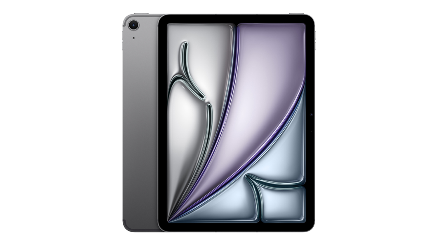 Front and back view of the 11‑inch iPad Air in Space Grey, showing its edge‑to‑edge display and the rear camera