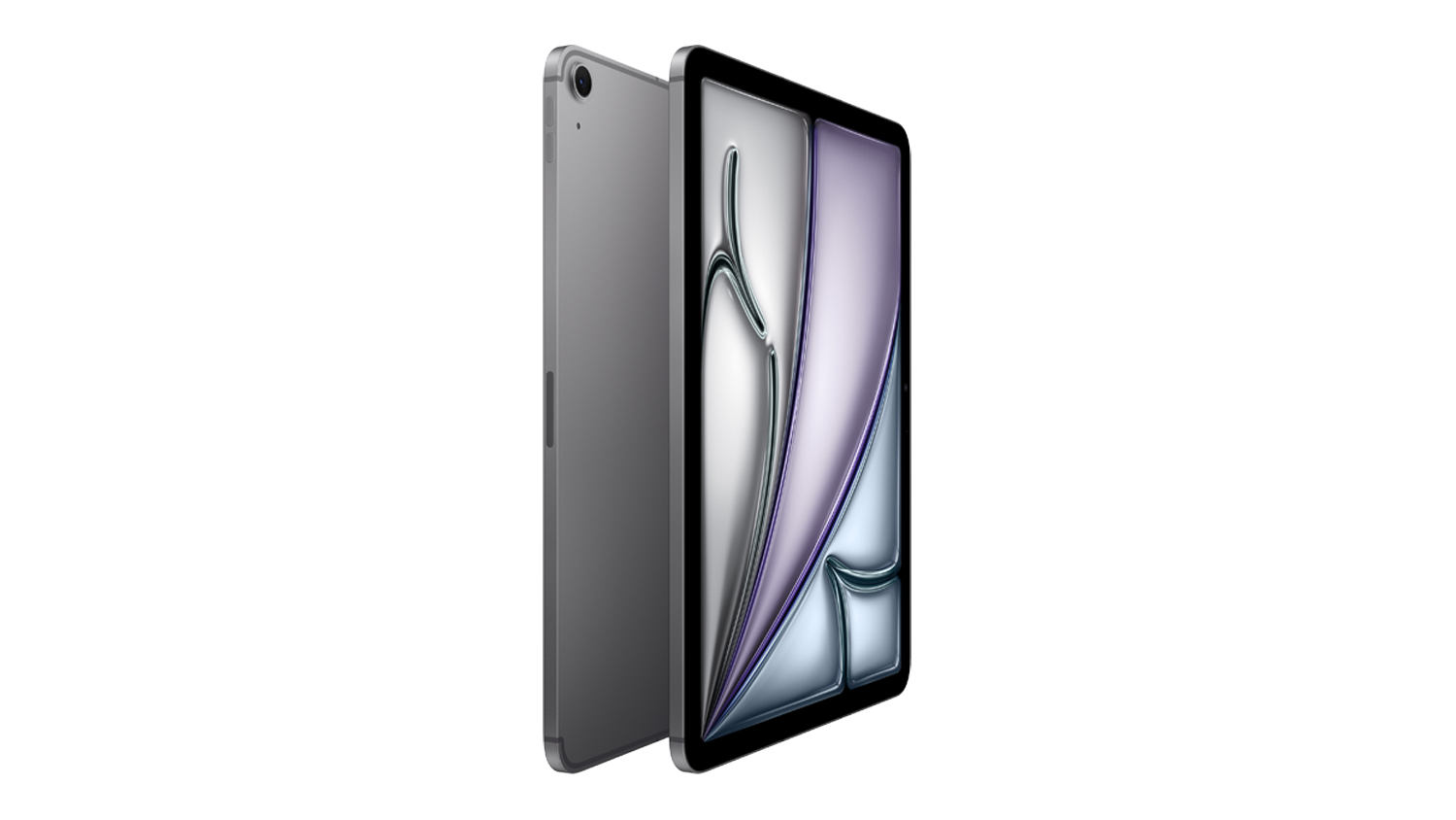 Angled view of the iPad Air in Space Grey, highlighting the slim design, large display, and rear camera