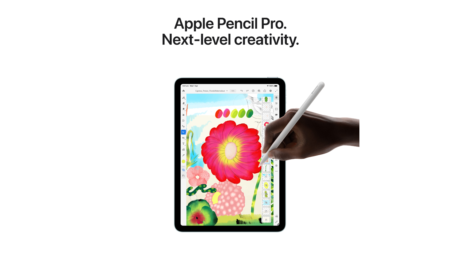 iPad Air used for digital painting with a colourful flower artwork drawn using the Apple Pencil Pro