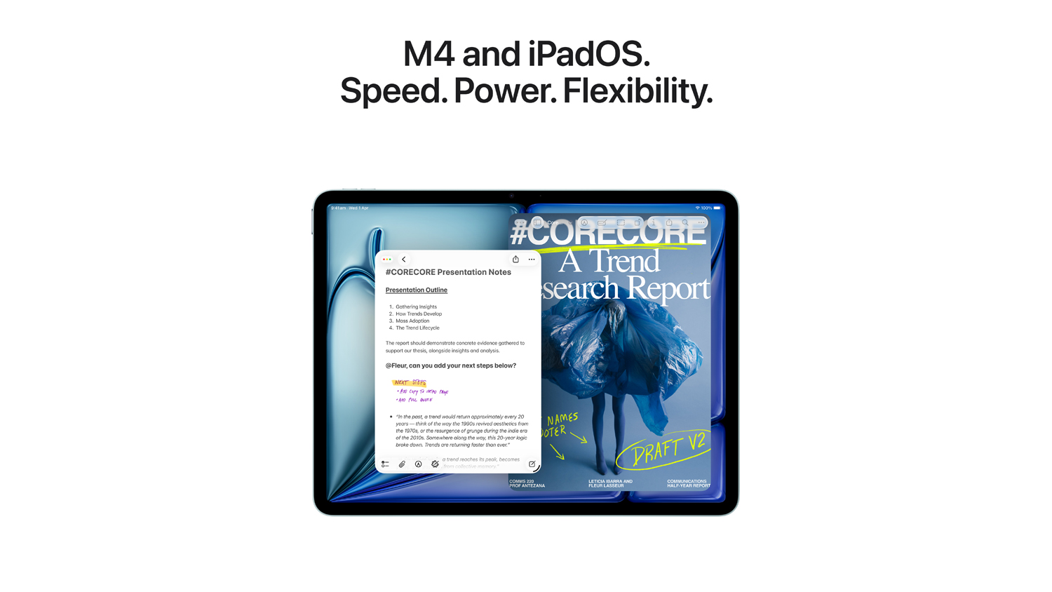 iPad Air displaying multitasking with presentation notes and a digital trend report