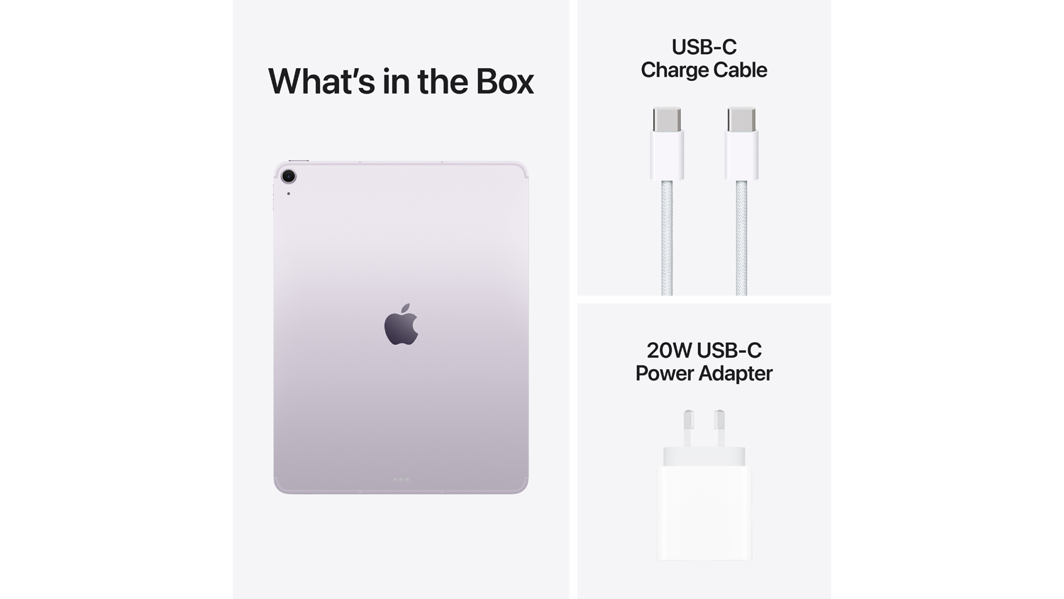 What's in the Box graphic showing iPad Air, USB-C cable, and 20W power adapter