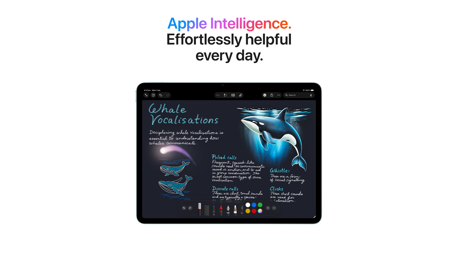 Purple iPad Air illustrating AI-driven note-taking and more Apple Intelligence features