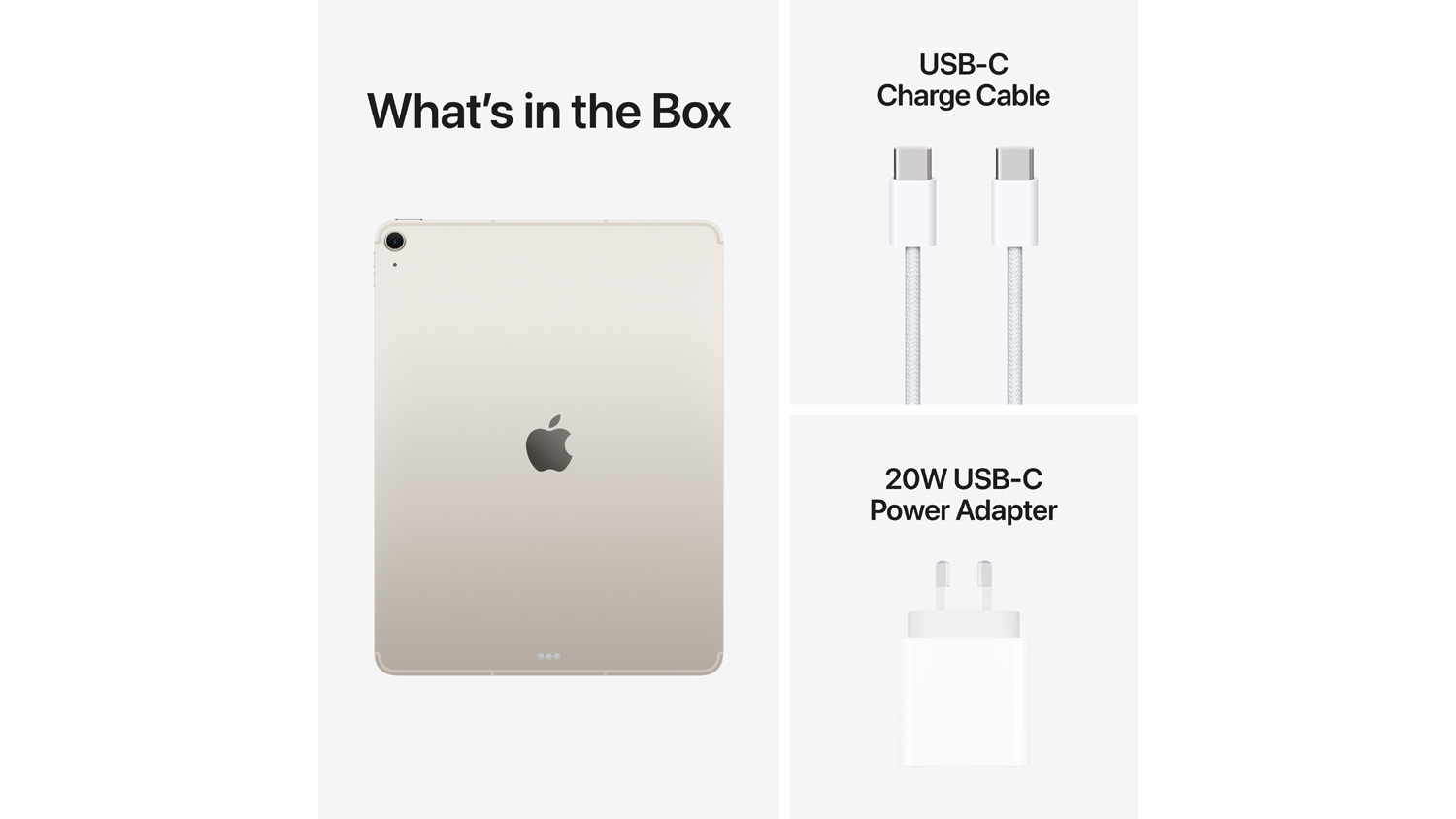 What's in the Box graphic showing iPad Air, USB-C cable, and 20W power adapter