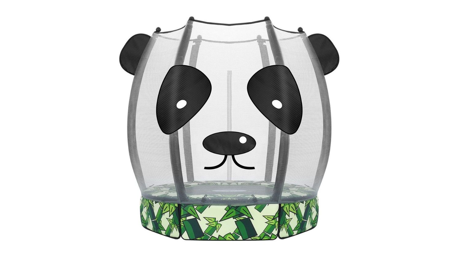 Kids’ trampoline with a panda‑face safety net and bamboo‑patterned base