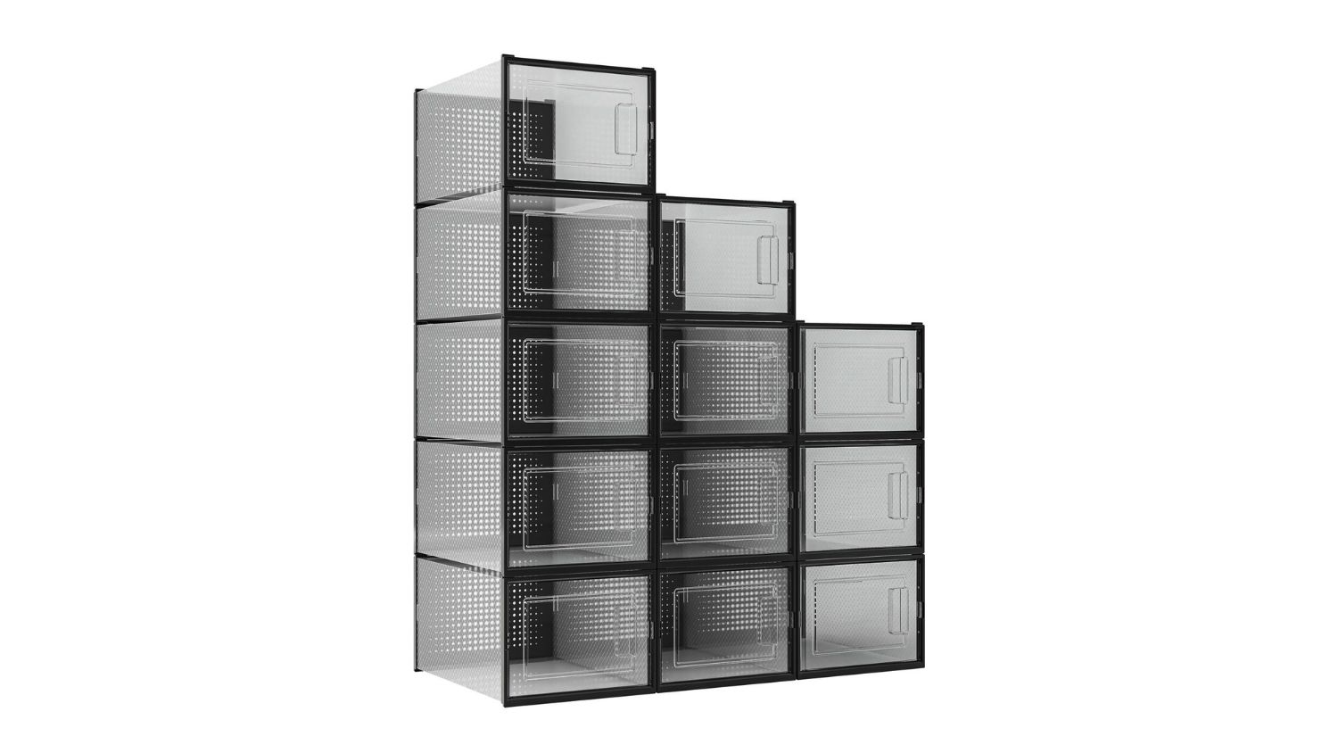 Stacked black 12-piece shoe organisers with clear front doors arranged in a stepped layout