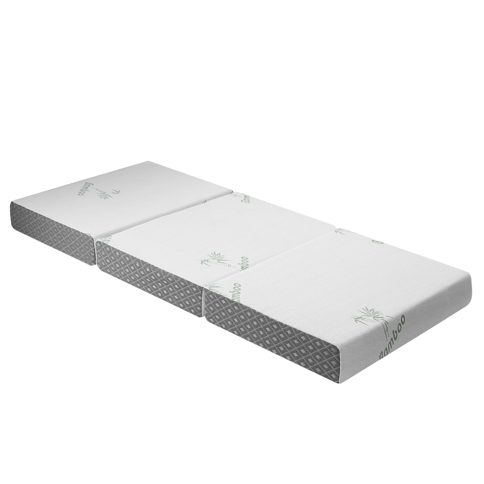 Tri‑fold LUXDREAM memory foam mattress laid flat, featuring a white bamboo cover and grey patterned sides