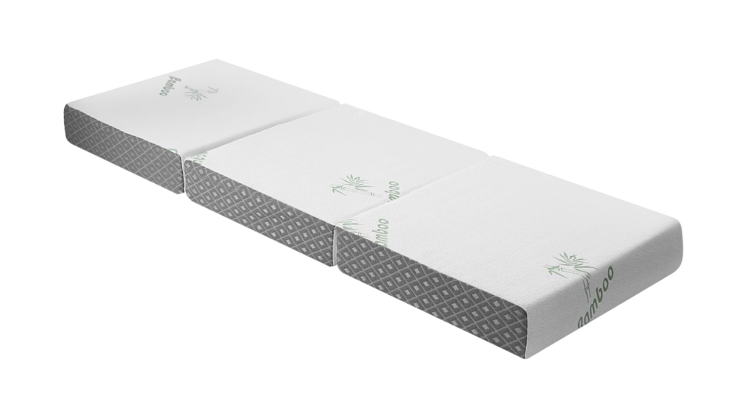 Tri‑fold LUXDREAM mattress laid flat, featuring a white bamboo cover and grey patterned sides