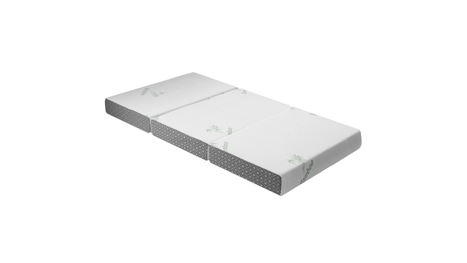 Tri-fold LUXDREAM memory foam mattress laid flat with white bamboo cover and grey patterned sides